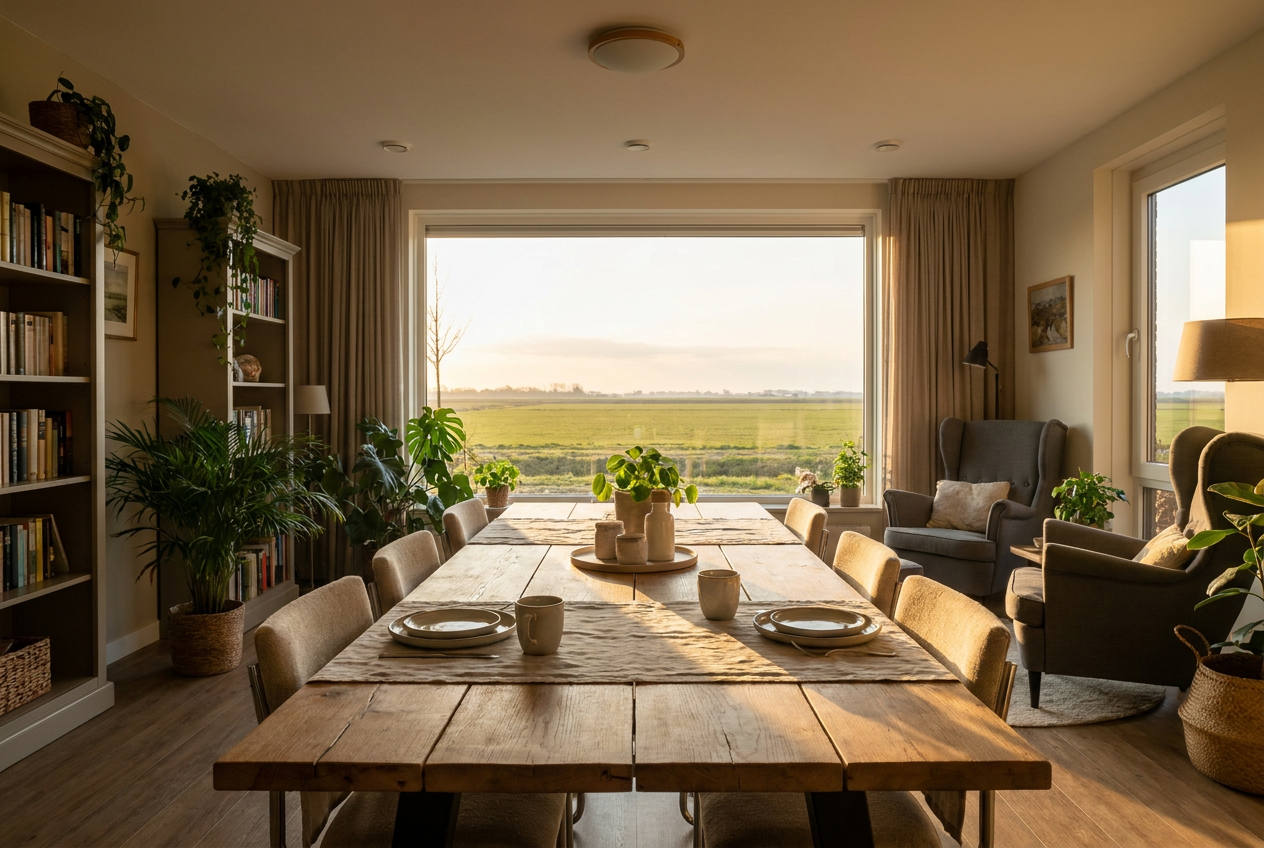 Sfeerbeeld van een warme woonkamer met uitzicht op de polder